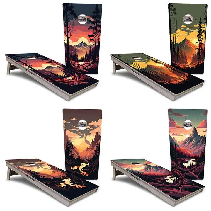 Mountain Sunset Cornhole Boards - Professional Tournament Series by Cornhole Solutions, custom cornhole board main product photo