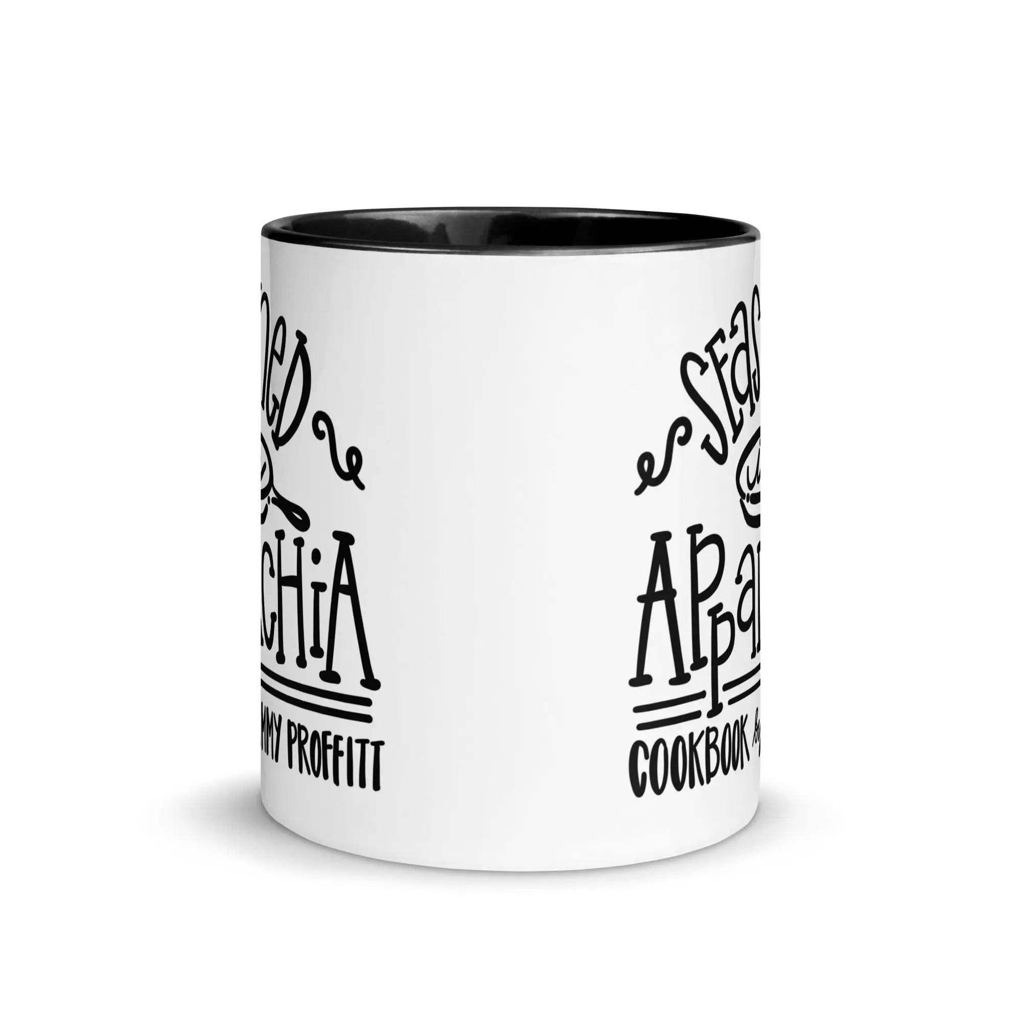 Two-tone mug with "Seared Chia" & "Seared Apparel Cookbook" designs. Coffee mug with colored inside.
