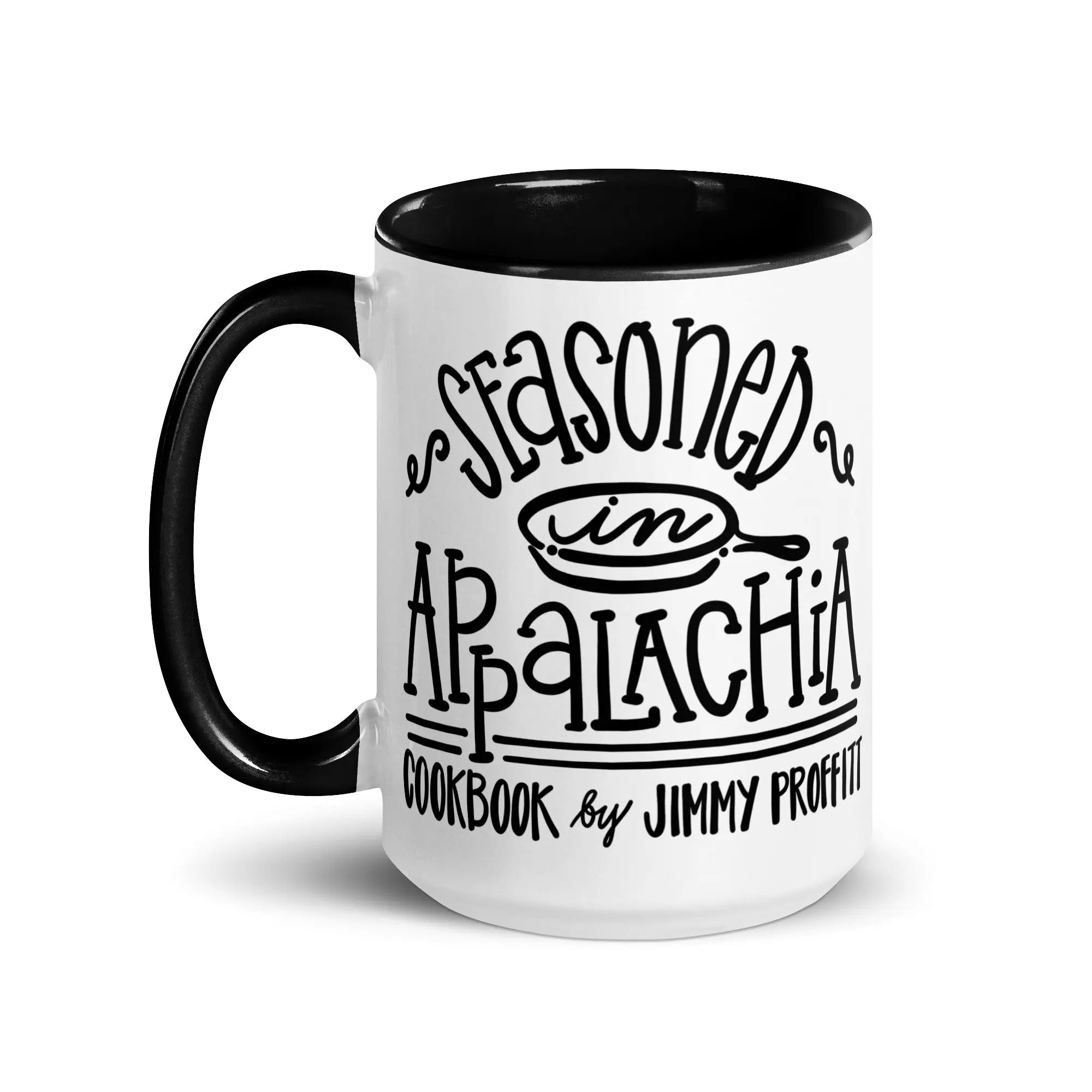 Seasoned in Appalachia Mug - Ceramic Coffee Mug, Black Handle & Interior - Cookbook by Jimmy Proffit
