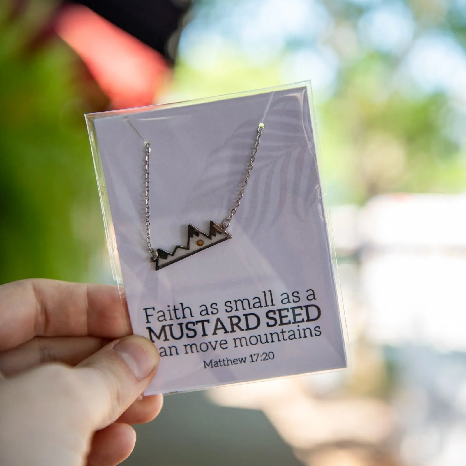 Faith necklace with mountain pendant and mustard seed quote