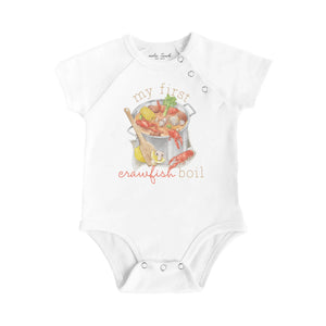 My First Crawfish Boil Organic Cotton Baby Onesie by Nola Tawk, Southern lifestyle apparel main product photo