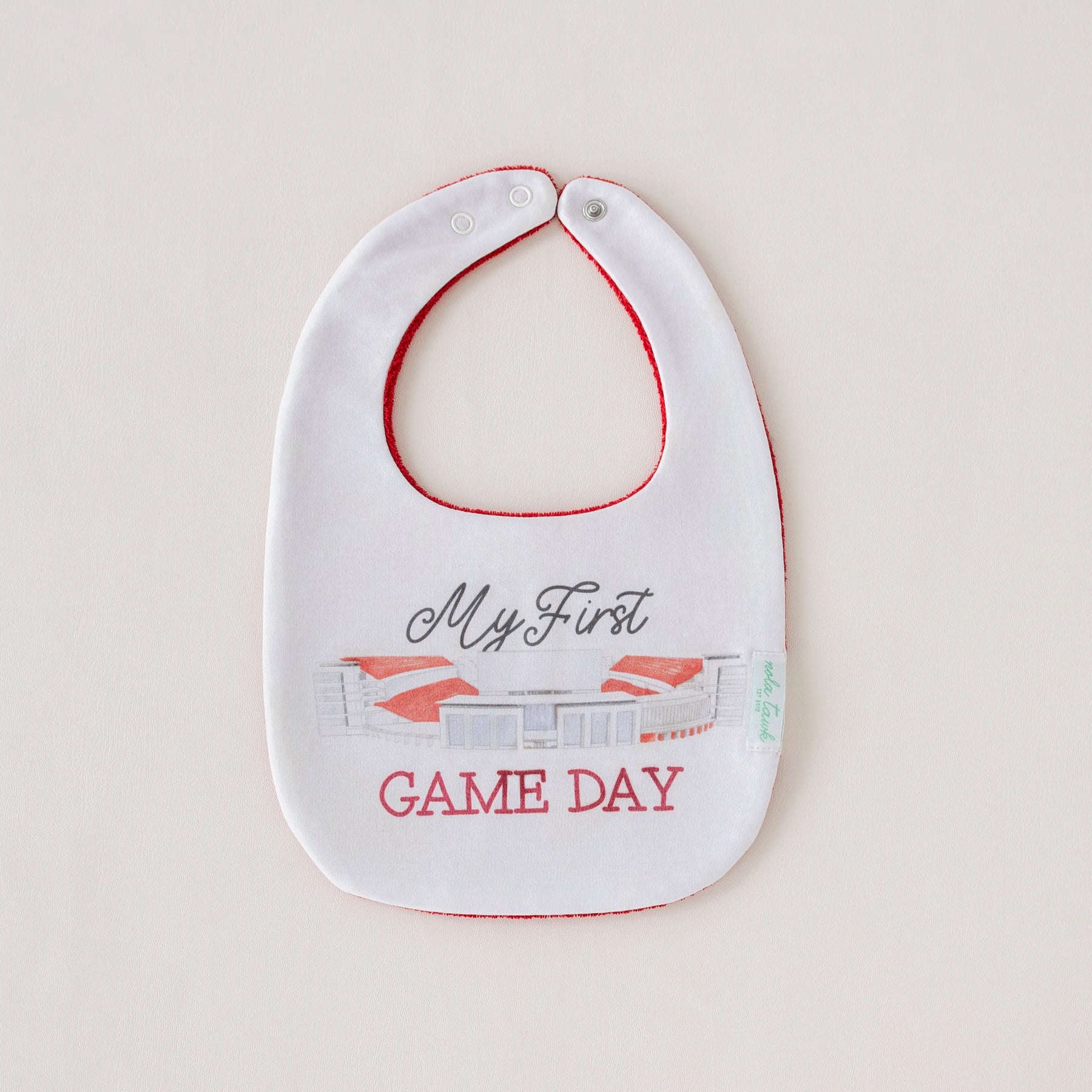 My First Game Day - Arkansas Organic Cotton Baby Bib by Nola Tawk, children's boutique clothing main product photo