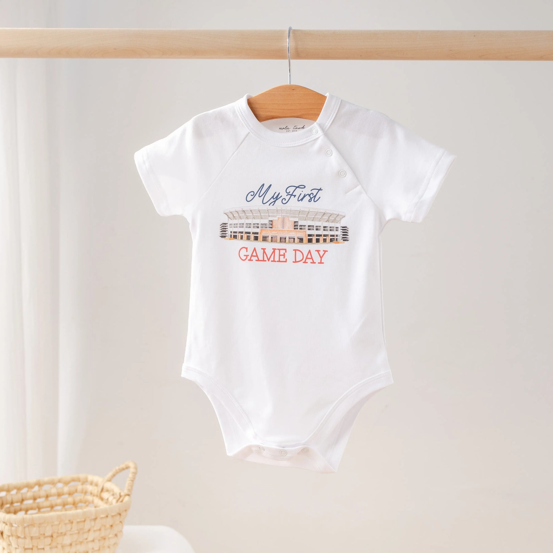 My First Game Day - Auburn Organic Cotton Onesie by Nola Tawk, Southern lifestyle apparel main product photo