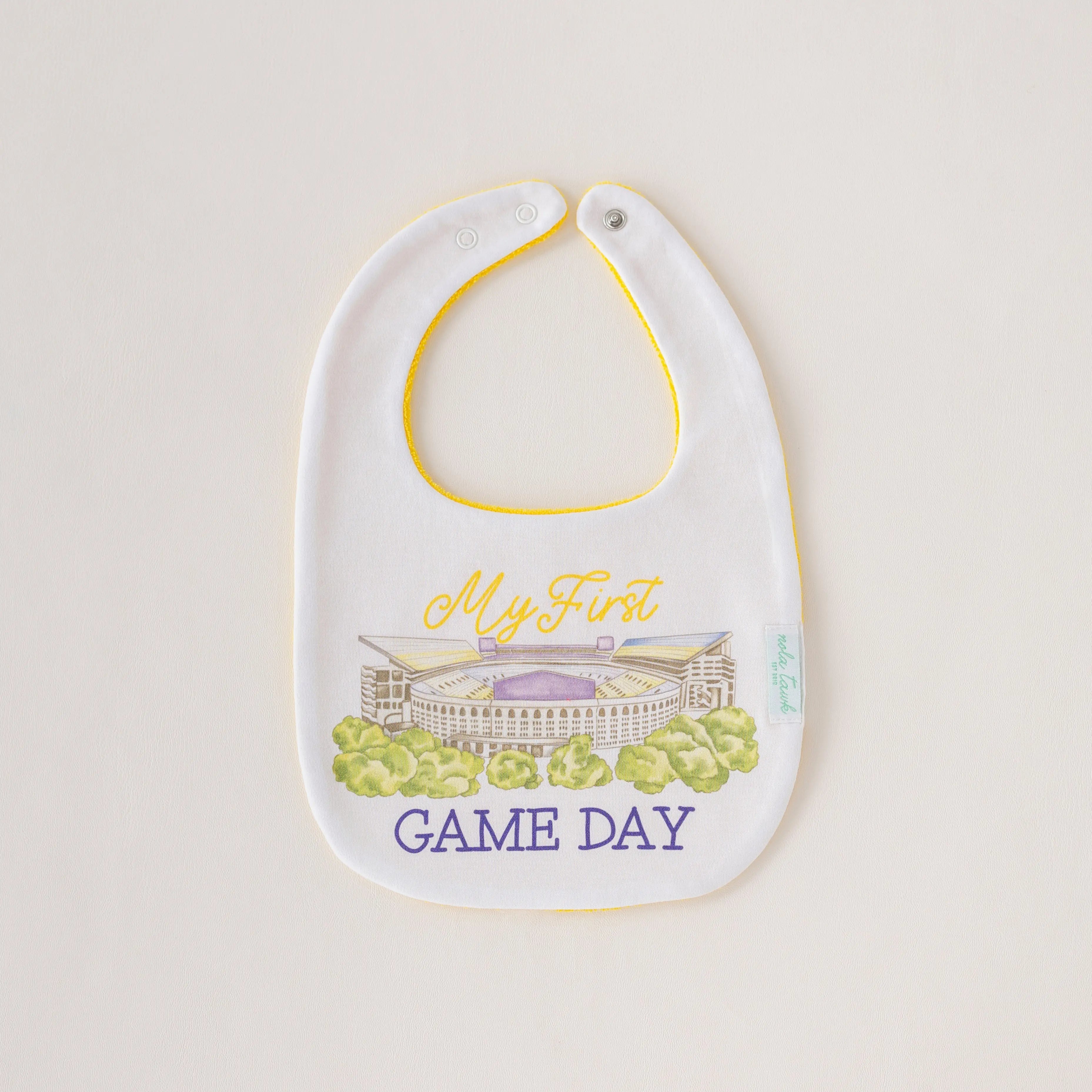 My First Game Day - LSU Organic Cotton Baby Bib Nola Tawk