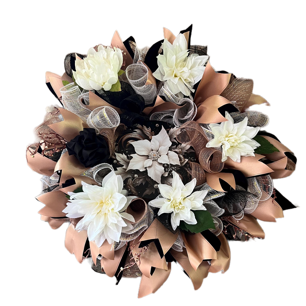 Black & Champagne Dahlia Wreath | Glam Front Door Decor by Bouge Creations, view 11
