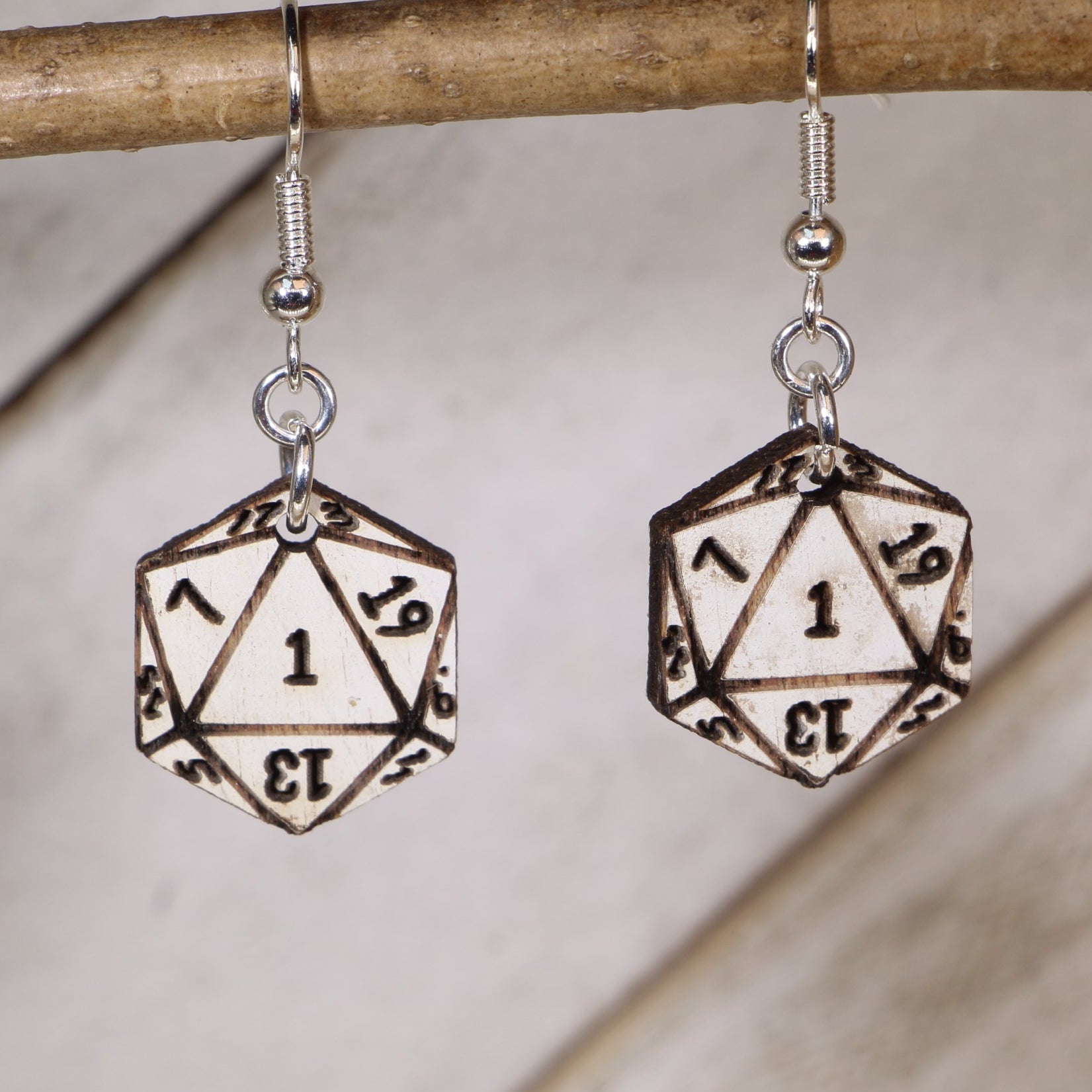 Natural 1 D20 Wooden Dangle Earrings | DnD Dice Gaming Jewelry