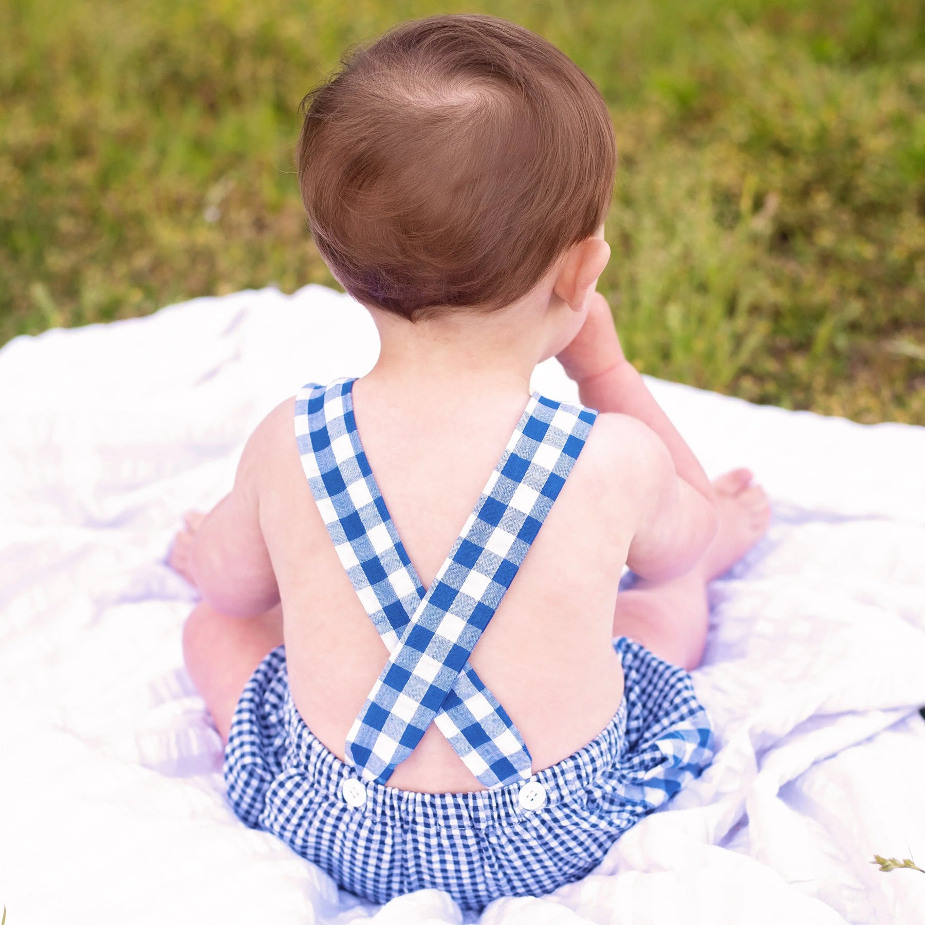Navy Blue Smocked First Birthday Sunsuit by Seven Lantern Lane, children's boutique clothing detail photo 7