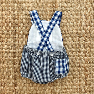 Navy Blue Smocked First Birthday Sunsuit by Seven Lantern Lane, children's boutique clothing detail photo 9