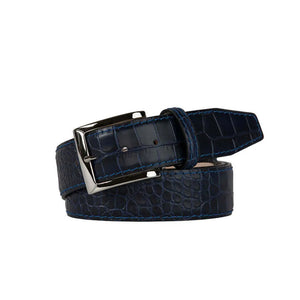 Navy Mock Croc Leather Belt by Roger Ximenez: Bespoke Belts and Leather Accessories, handmade leather goods detail photo 3