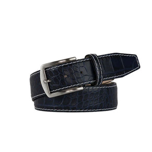 Navy Mock Croc Leather Belt by Roger Ximenez: Bespoke Belts and Leather Accessories, handmade leather goods detail photo 4