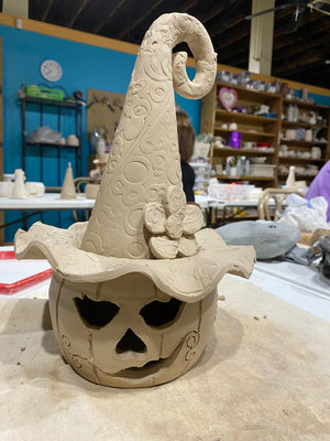 Handmade Ceramic Jack-o’-Lantern with Witch Hat - Pottery Studio Halloween Craft by Main Street Collective