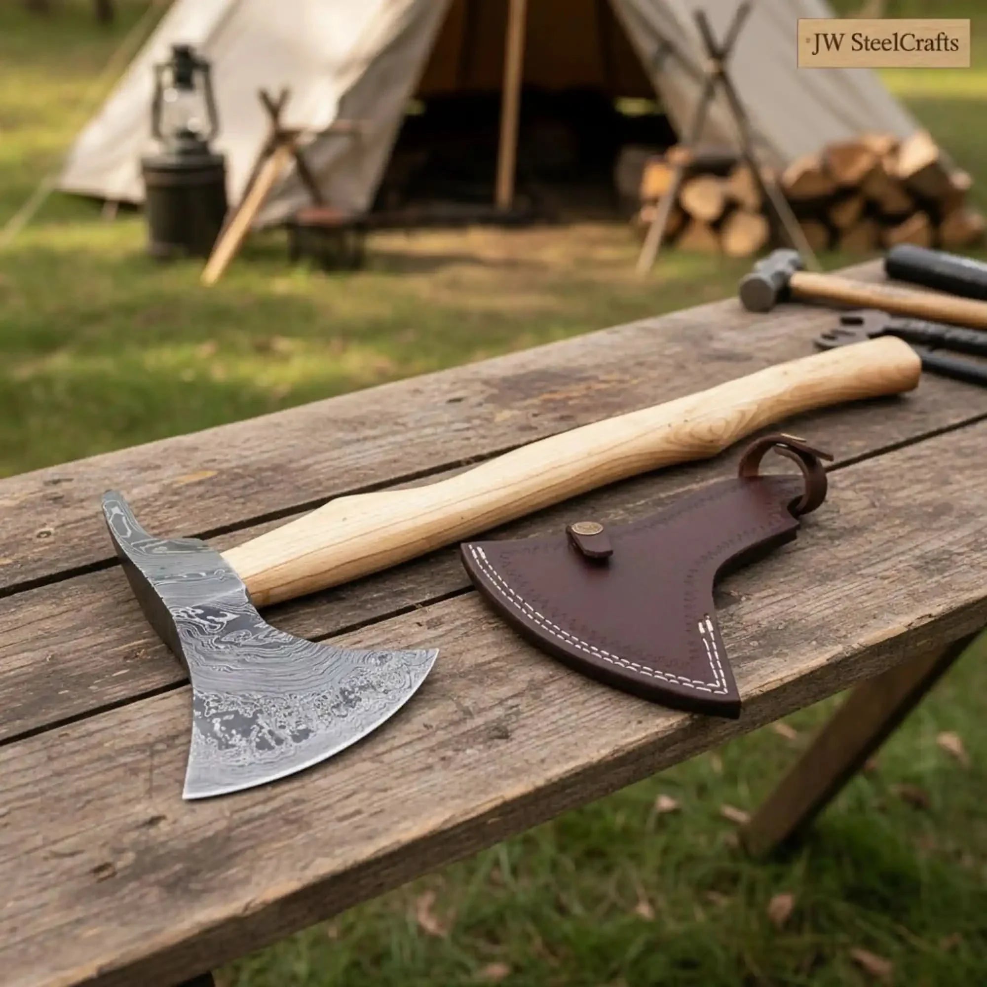 Nordic Camp Hatchet, Pattern-Welded Steel Head and Light Ash Hardwood Handle by JW SteelCrafts, Southern lifestyle apparel main product photo