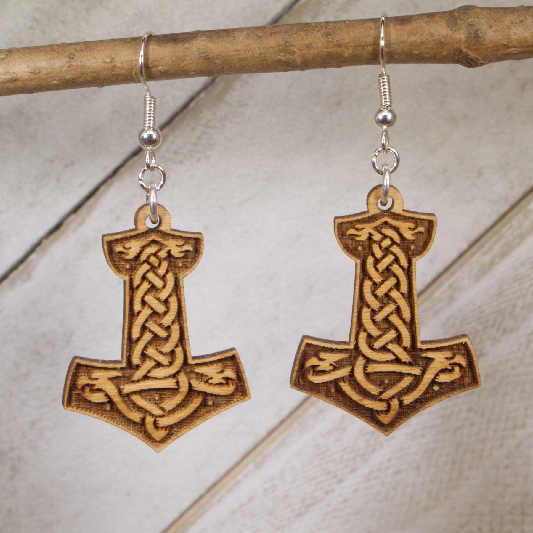 Norse Thor Hammer Wooden Dangle Earrings | Viking Mjolnir Jewelry