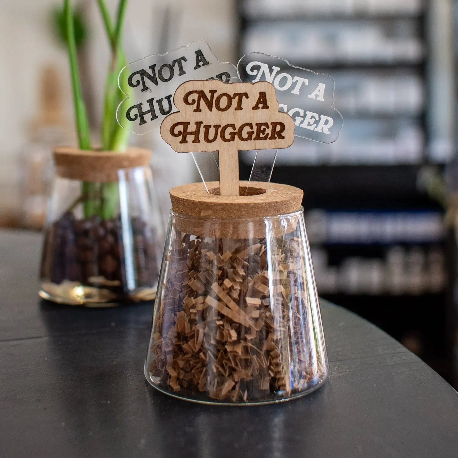 Wooden and acrylic "Not a Hugger" plant stakes in glass jars.