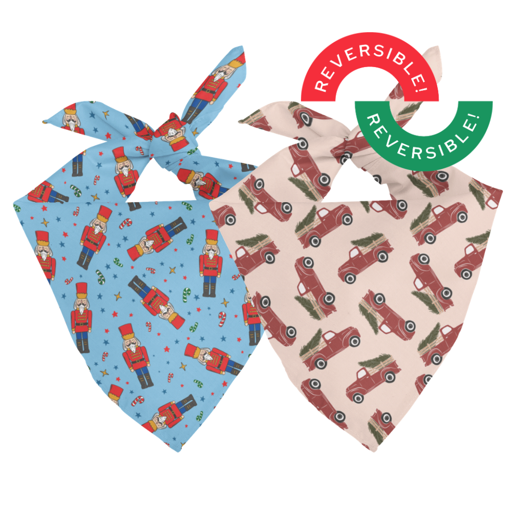Nutcracker & Red Truck Christmas Reversible Dog Bandana by Dog Bandana Co., product view 2