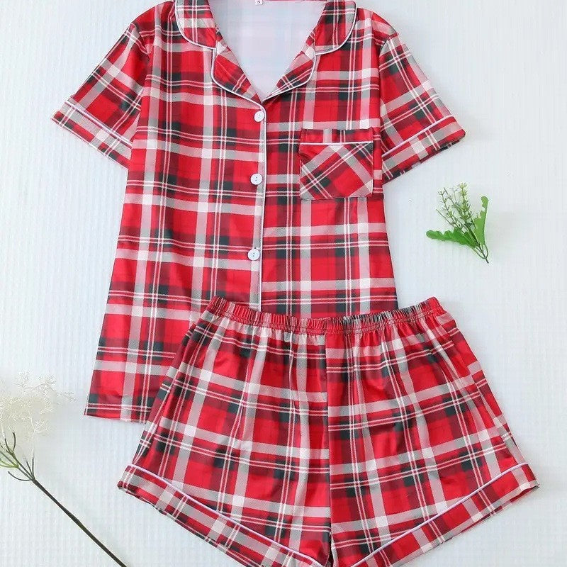 Pink Checkered Bow Women's Pajama Set — Short Sleeve Top & Shorts by The Mississippi Mermaid Mercantile - view 2