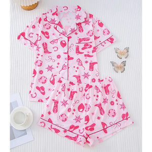 Pink Checkered Bow Women's Pajama Set — Short Sleeve Top & Shorts by The Mississippi Mermaid Mercantile - view 6