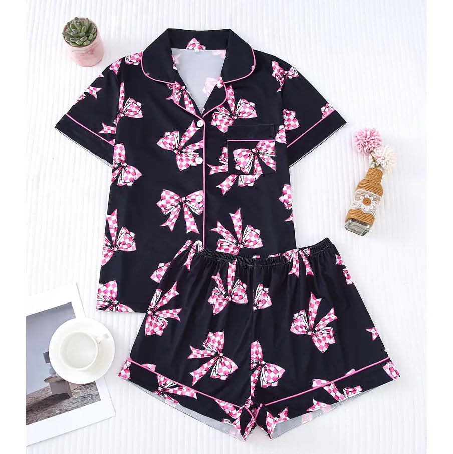 Pink Checkered Bow Women's Pajama Set — Short Sleeve Top & Shorts by The Mississippi Mermaid Mercantile