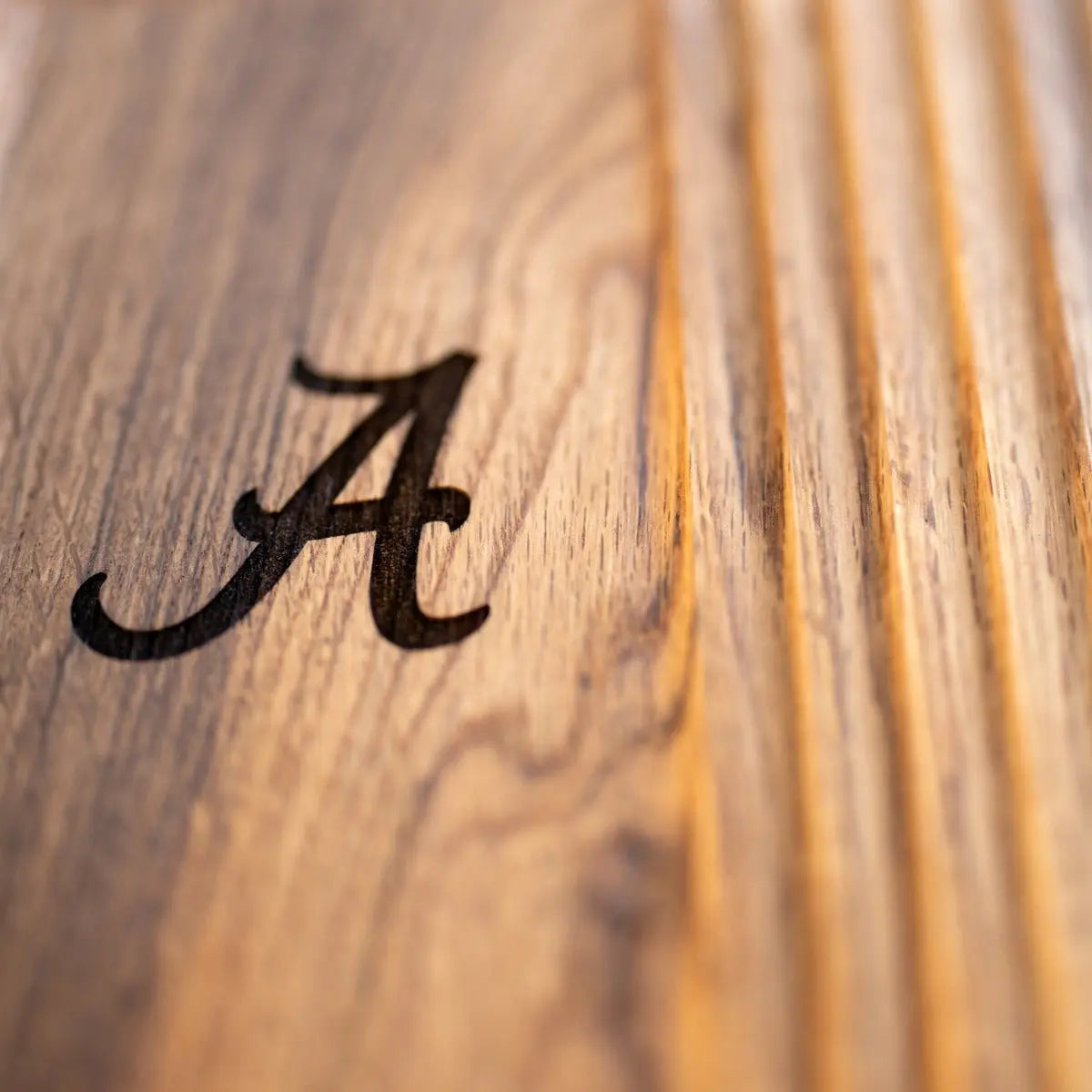 Oak phone and pen tray with University of Alabama 'A' engraving, made from reclaimed wood.