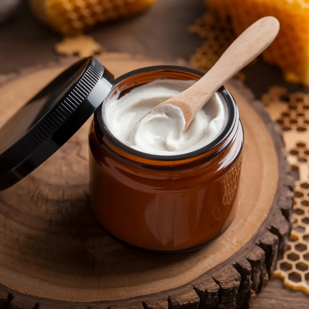 Oatmeal & Honey Facial Moisturizer in Amber Jar with Wooden Spoon and Black Lid on Wooden Surface.