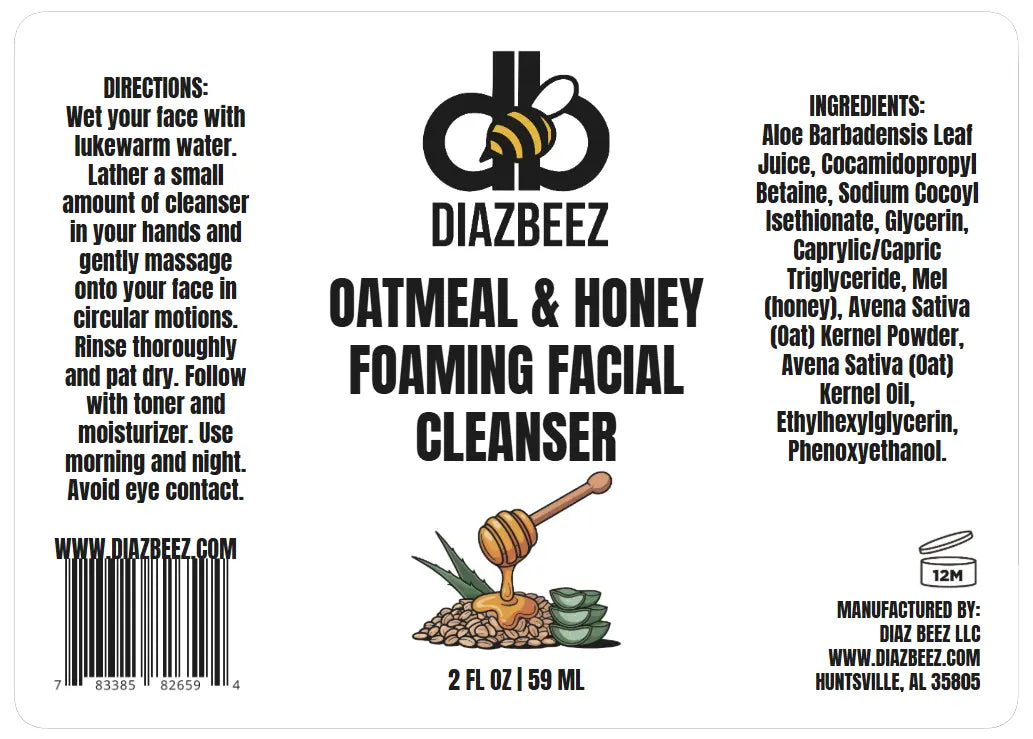 Diazbeez Oatmeal & Honey Foaming Facial Cleanser label with ingredients, directions, and product illustration on a white background.