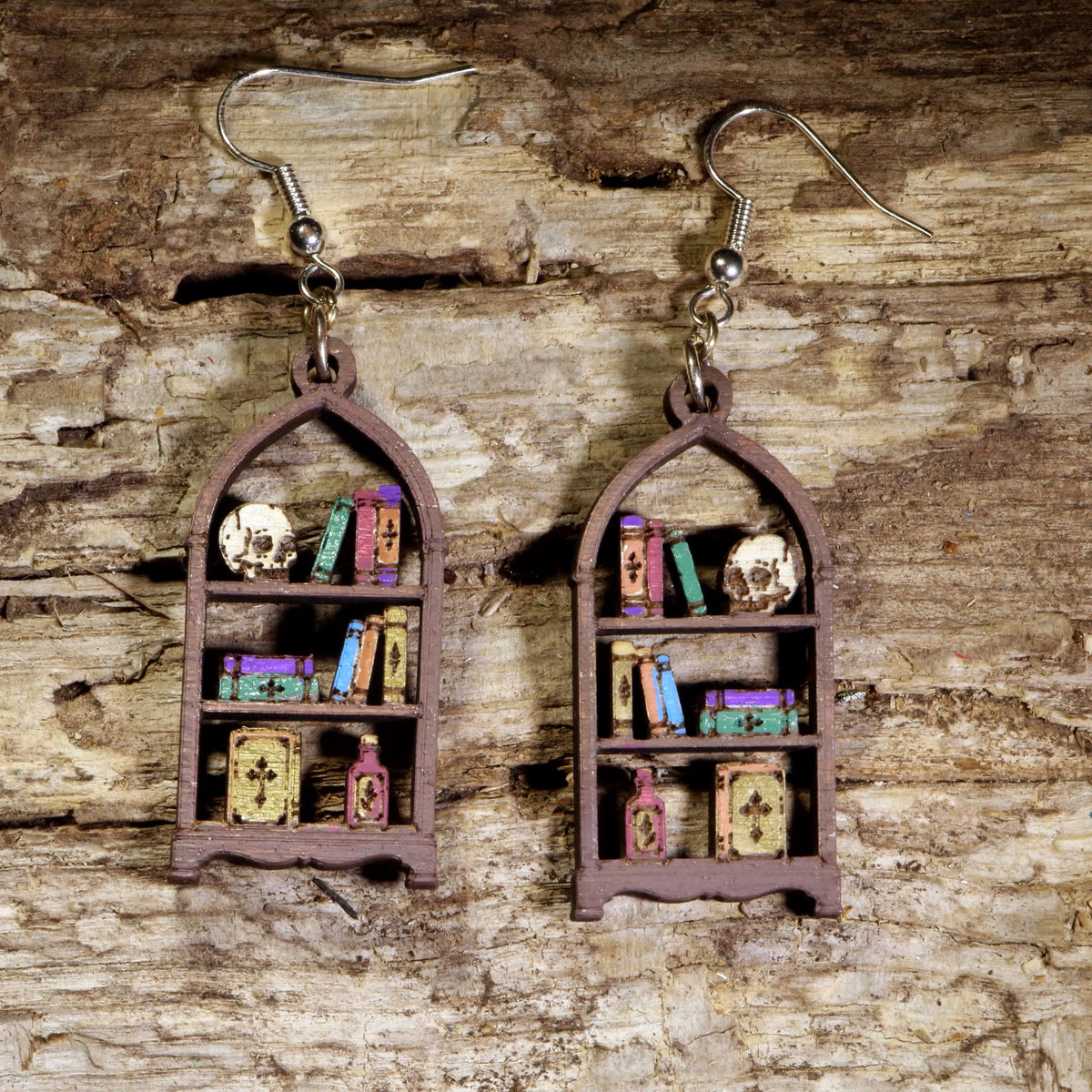 Oddities Bookshelf Wooden Dangle Earrings | Gothic Curiosity Jewelry by Cate's Concepts, LLC