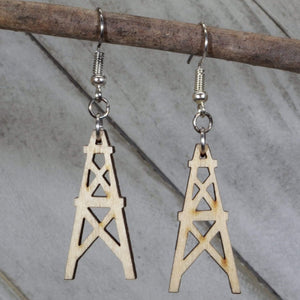 Oil Derrick Wooden Dangle Earrings | Oilfield Industrial Jewelry detail view by Cate's Concepts, LLC