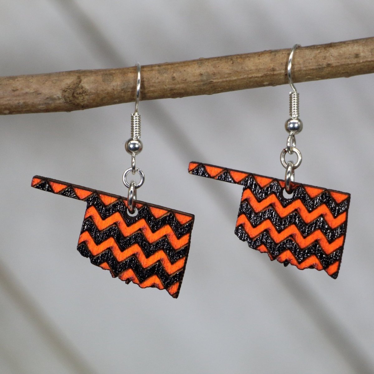 Oklahoma Orange Black Chevron Wooden Dangle Earrings | State Jewelry by Cate's Concepts, LLC, handmade jewelry main product photo