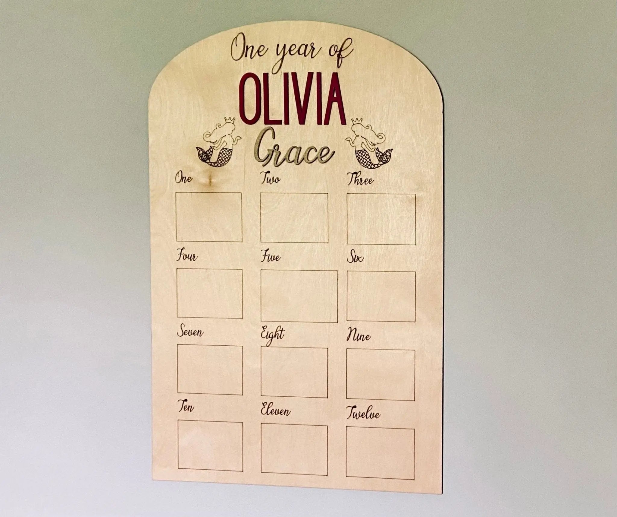 Olivia's First Birthday Milestone Photo Board: Capture precious memories of baby's first year! Personalized & engraved wood design.