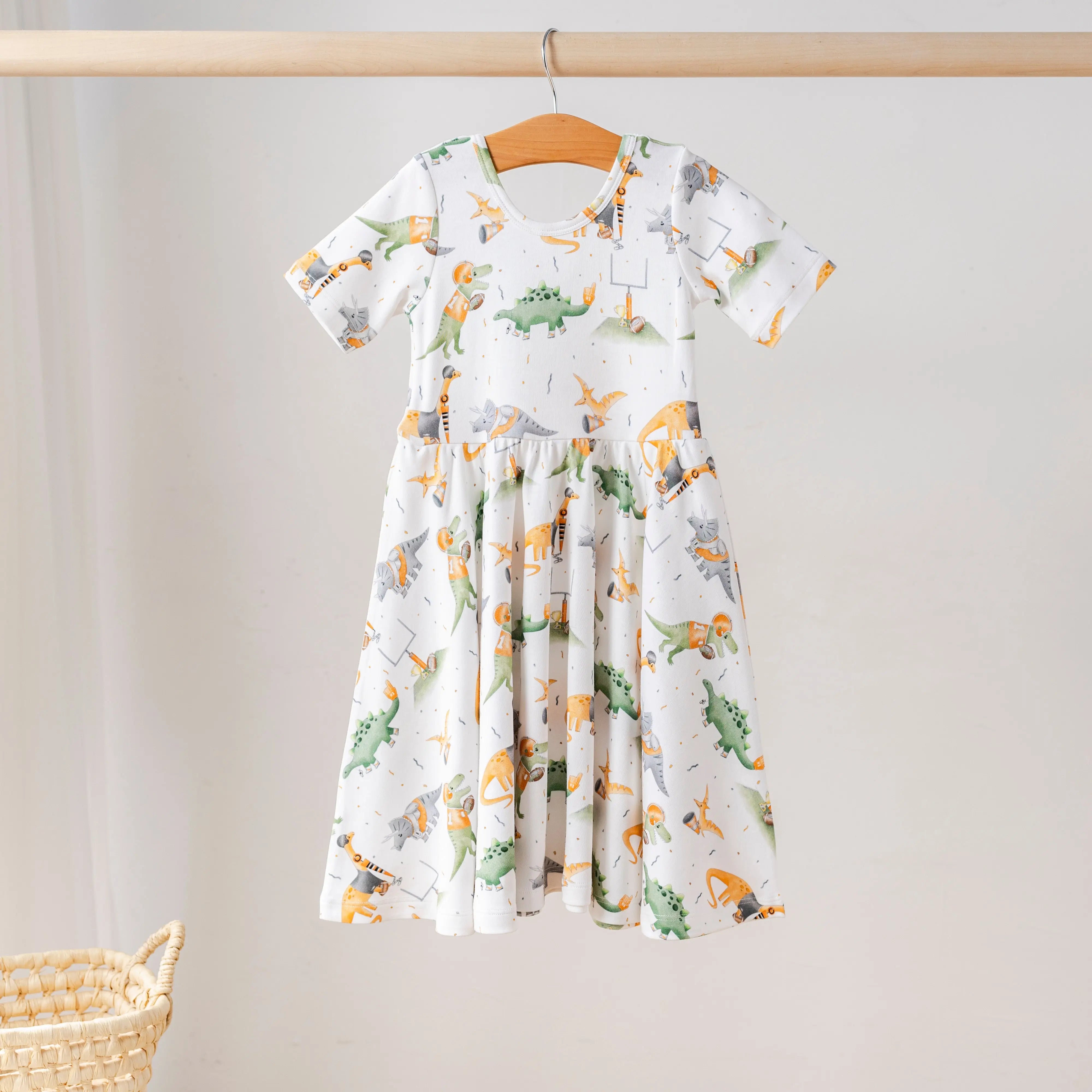 Orange Dino All-Stars Organic Cotton Dress for Kids Nola Tawk