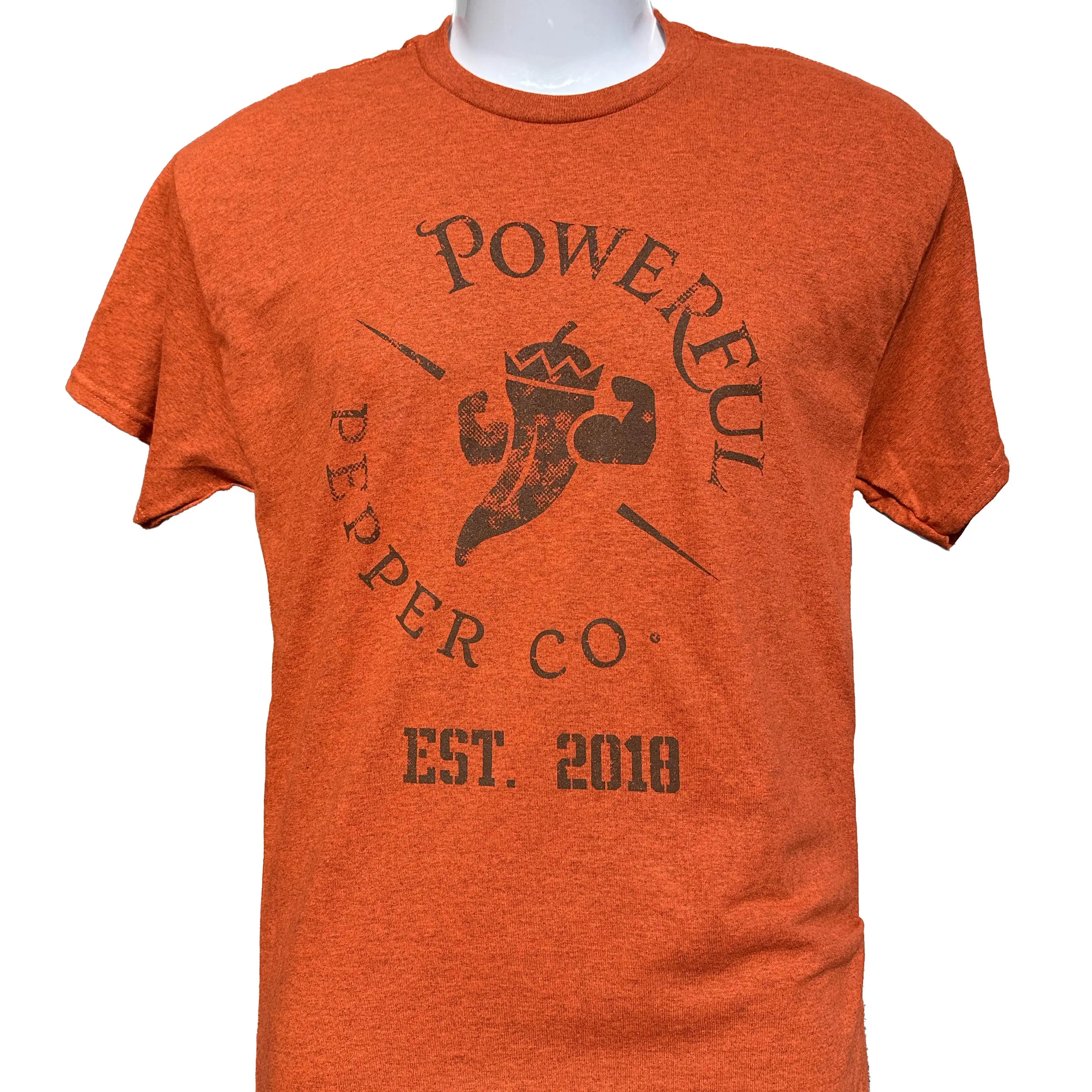 Orange vintage logo t-shirt with a powerful pepper and EST. 2018 text.