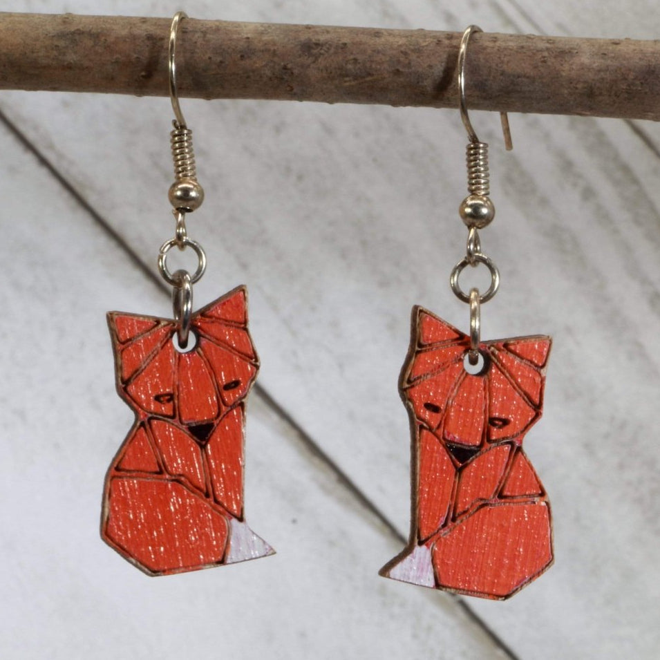 Origami Fox Wooden Dangle Earrings | Geometric Animal Jewelry