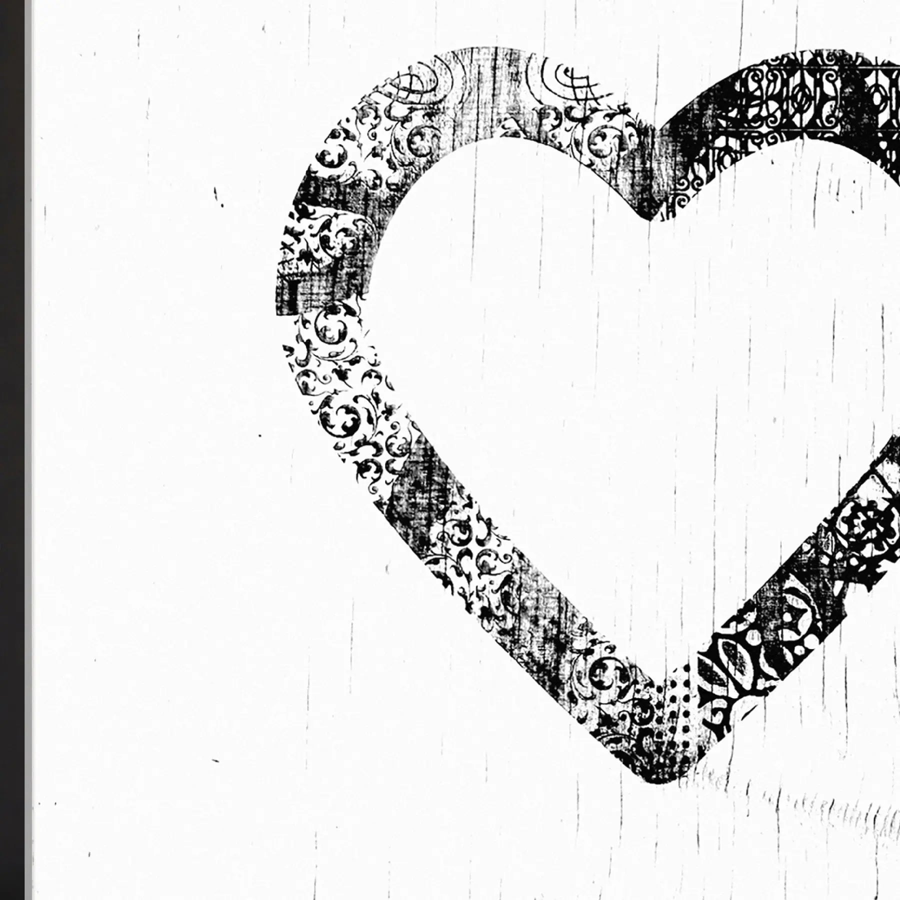 Black and white ornamental heart art print with filigree pattern detail.