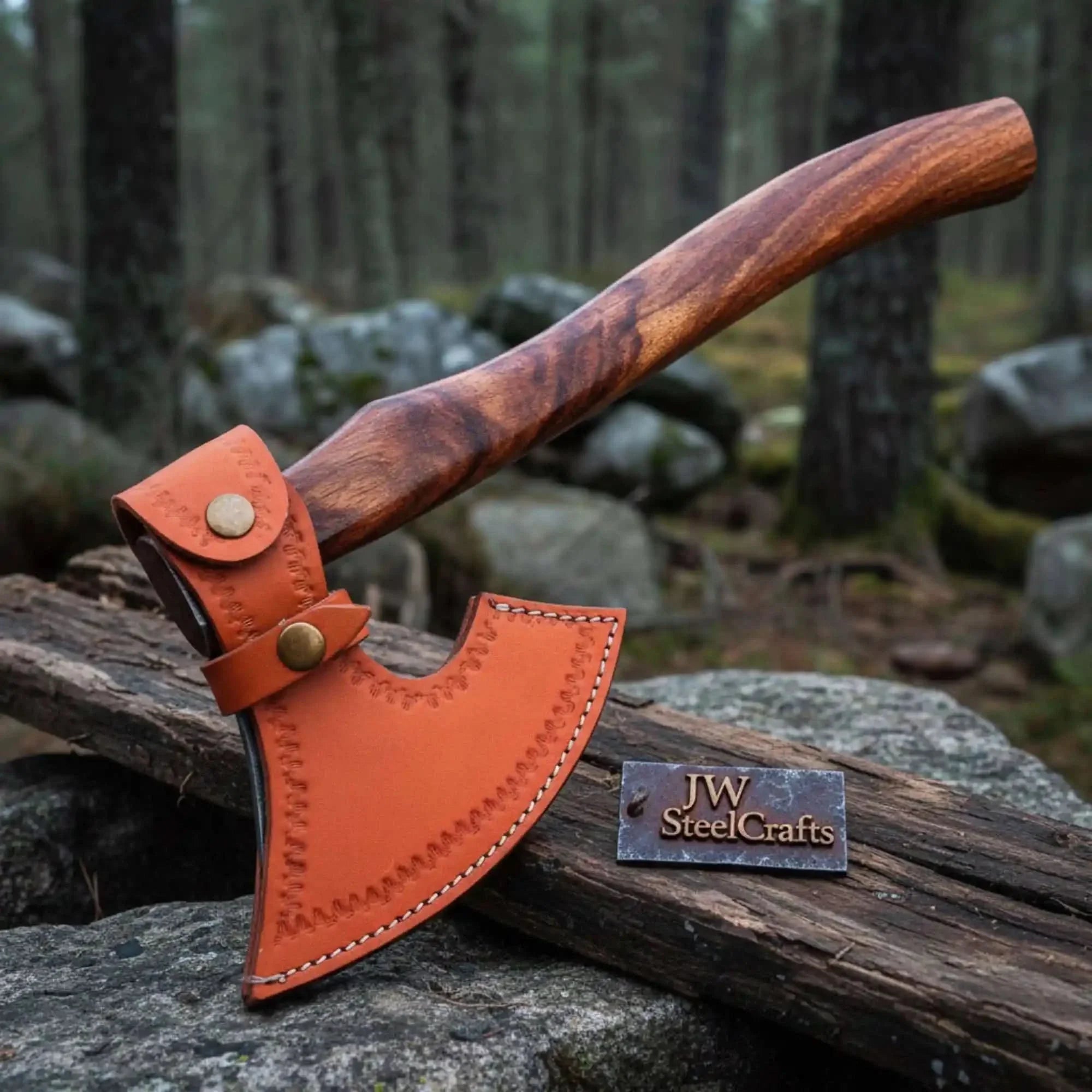 Pattern-Welded Damascus Viking Bearded Axe with Curved Rosewood Handle by JW SteelCrafts, Southern handmade gift detail photo 2
