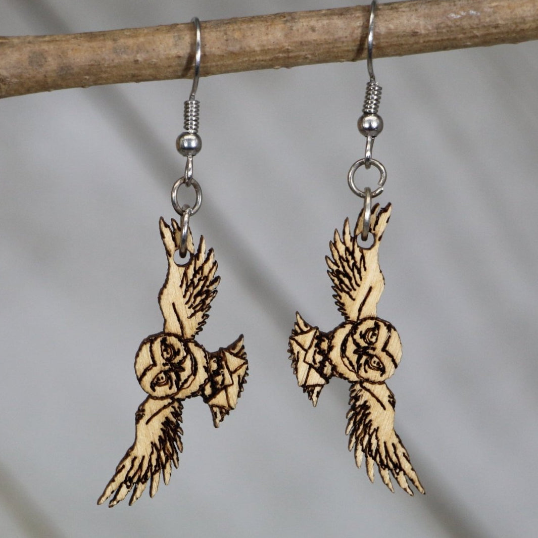 Owl with Letter Wooden Dangle Earrings | Fantasy Bird Jewelry by Cate's Concepts, LLC, handmade jewelry main product photo