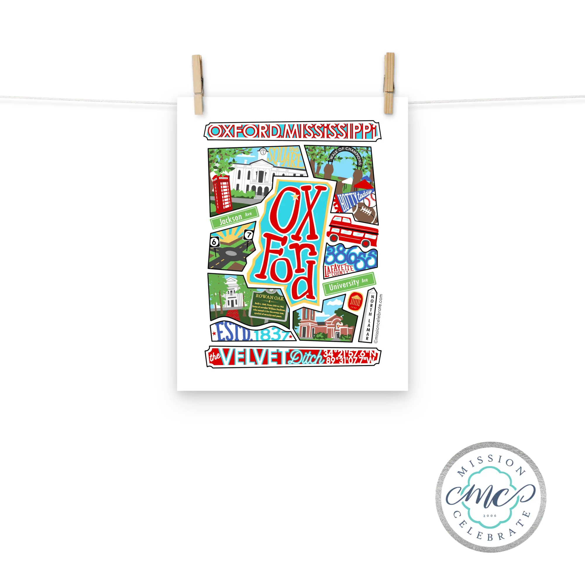 Oxford, Mississippi Collage Art Print by Leslie Gonce at Main Street Collective - "The Velvet Ditch" highlights