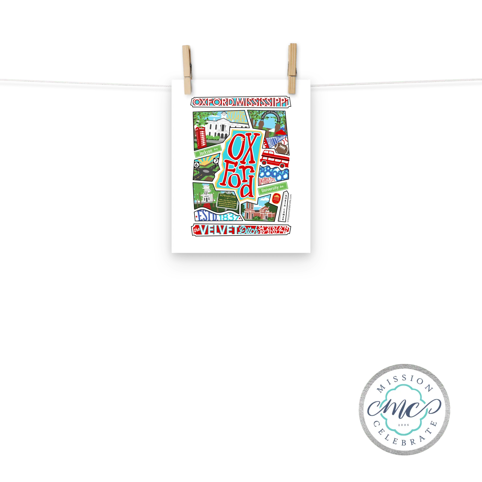 Oxford Mississippi Art Print by LeslieGonce - The Velvet Ditch Collage Art, Main Street Collective