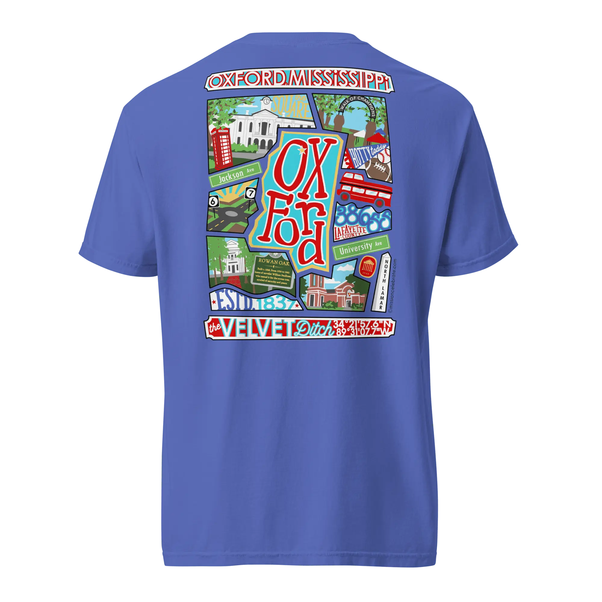 Oxford The Velvet Ditch Collage Art by Mississippi Artist ©LeslieGonce Comfort Colors Short Sleeve Tees (MISSISSIPPI) Mission Celebrate
