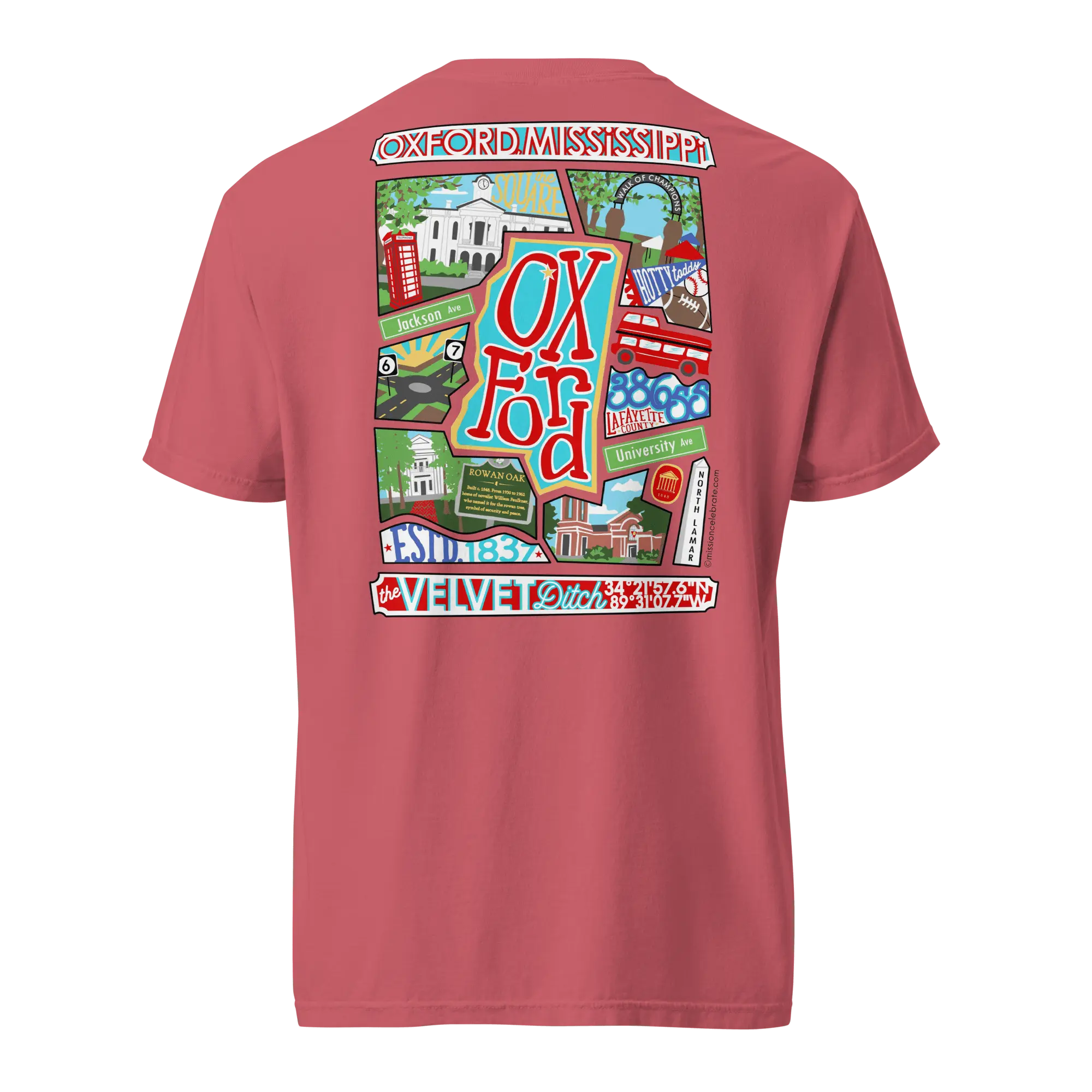 Oxford The Velvet Ditch Collage Art by Mississippi Artist ©LeslieGonce Comfort Colors Short Sleeve Tees (MISSISSIPPI) Mission Celebrate