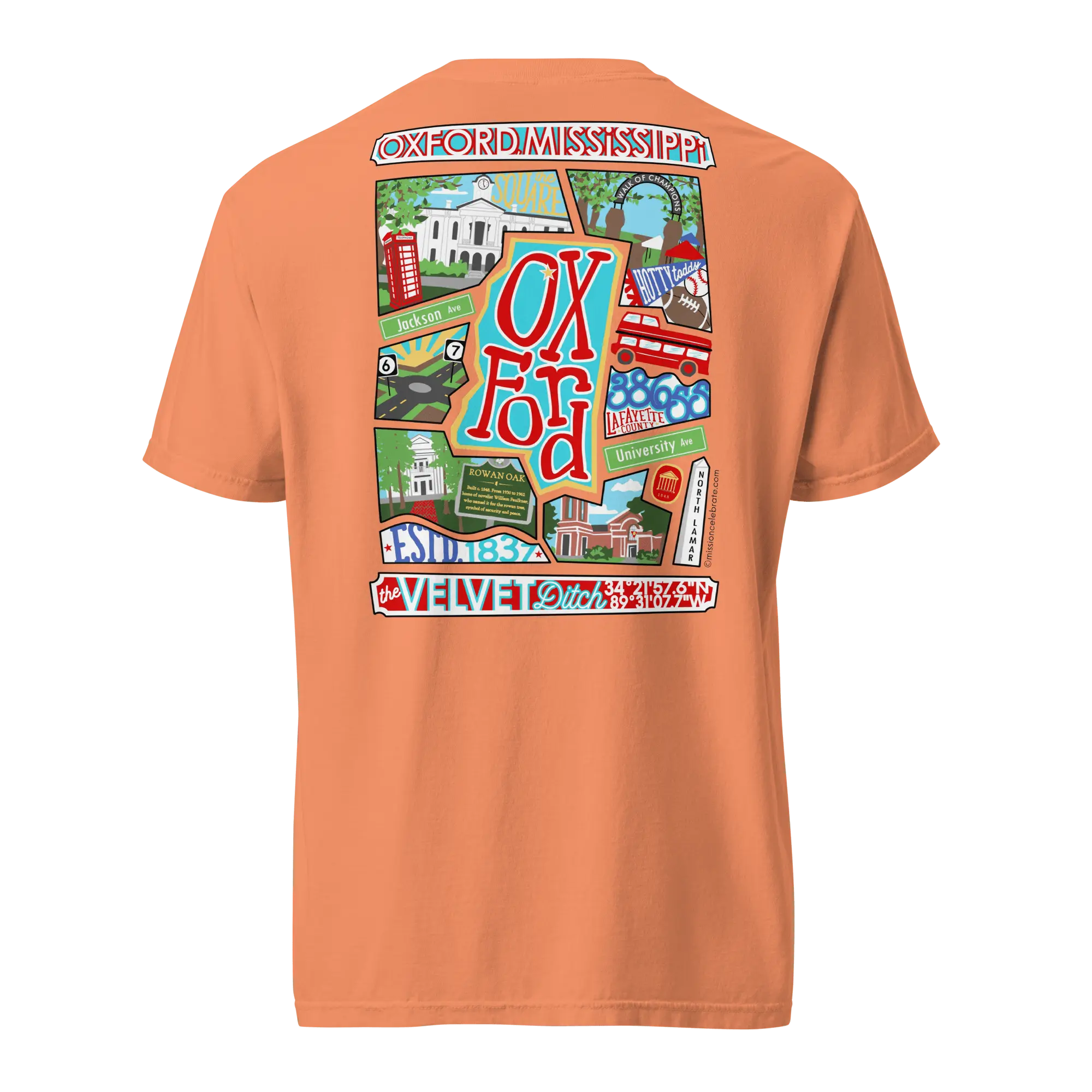 Oxford The Velvet Ditch Collage Art by Mississippi Artist ©LeslieGonce Comfort Colors Short Sleeve Tees (MISSISSIPPI) Mission Celebrate