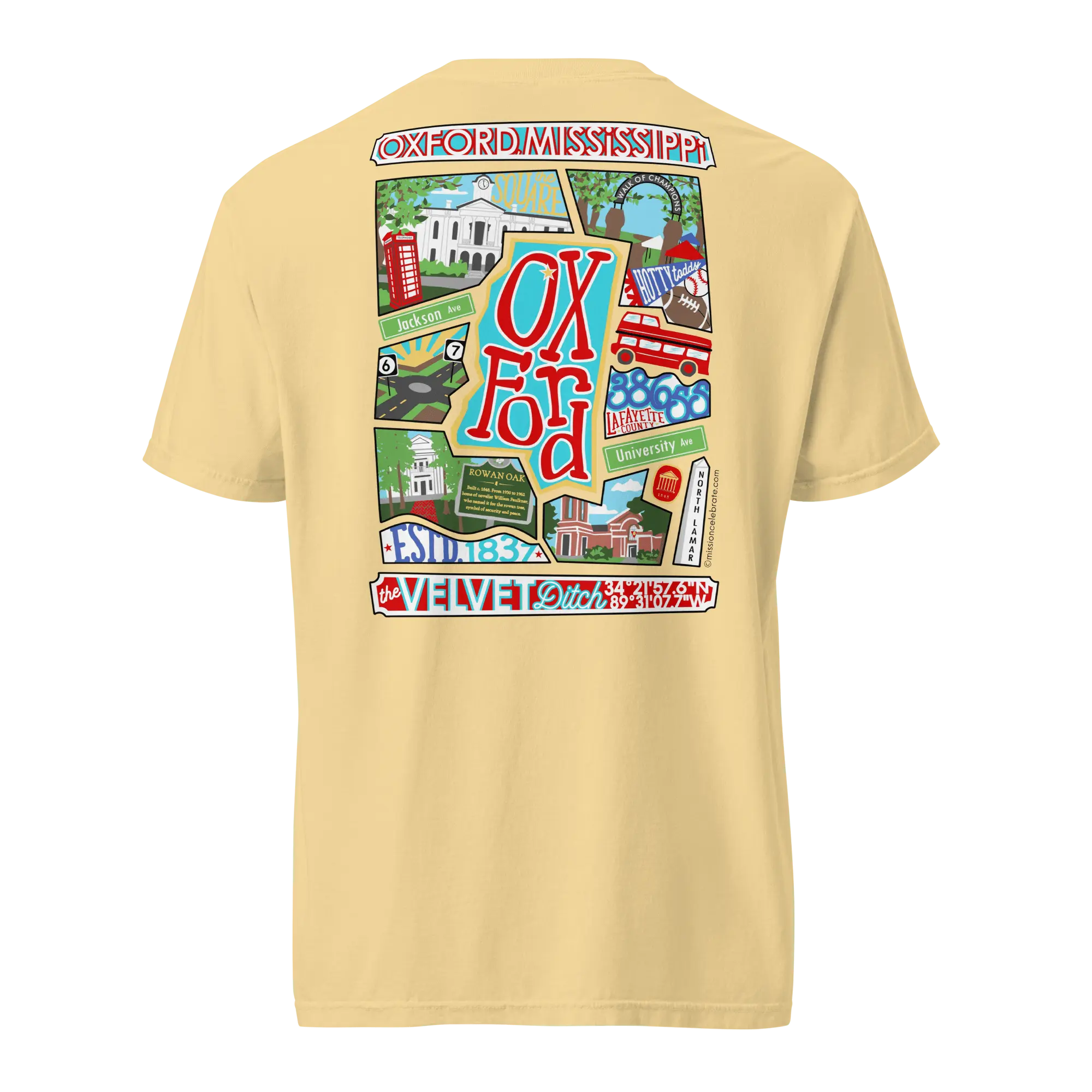 Oxford The Velvet Ditch Collage Art by Mississippi Artist ©LeslieGonce Comfort Colors Short Sleeve Tees (MISSISSIPPI) Mission Celebrate