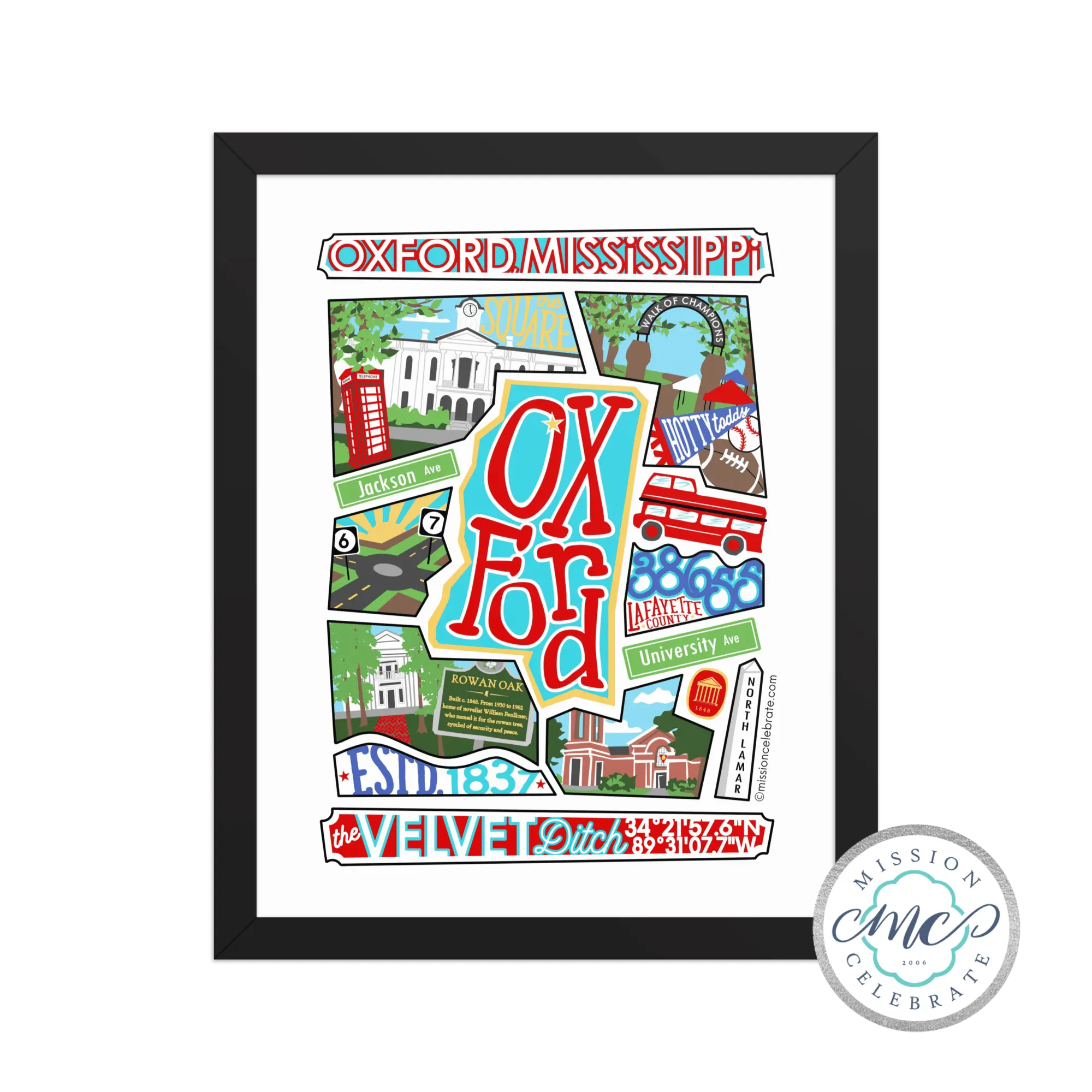 Oxford Mississippi Collage Art Print: "The Velvet Ditch" by Leslie Gonze, featuring iconic landmarks and local favorites.
