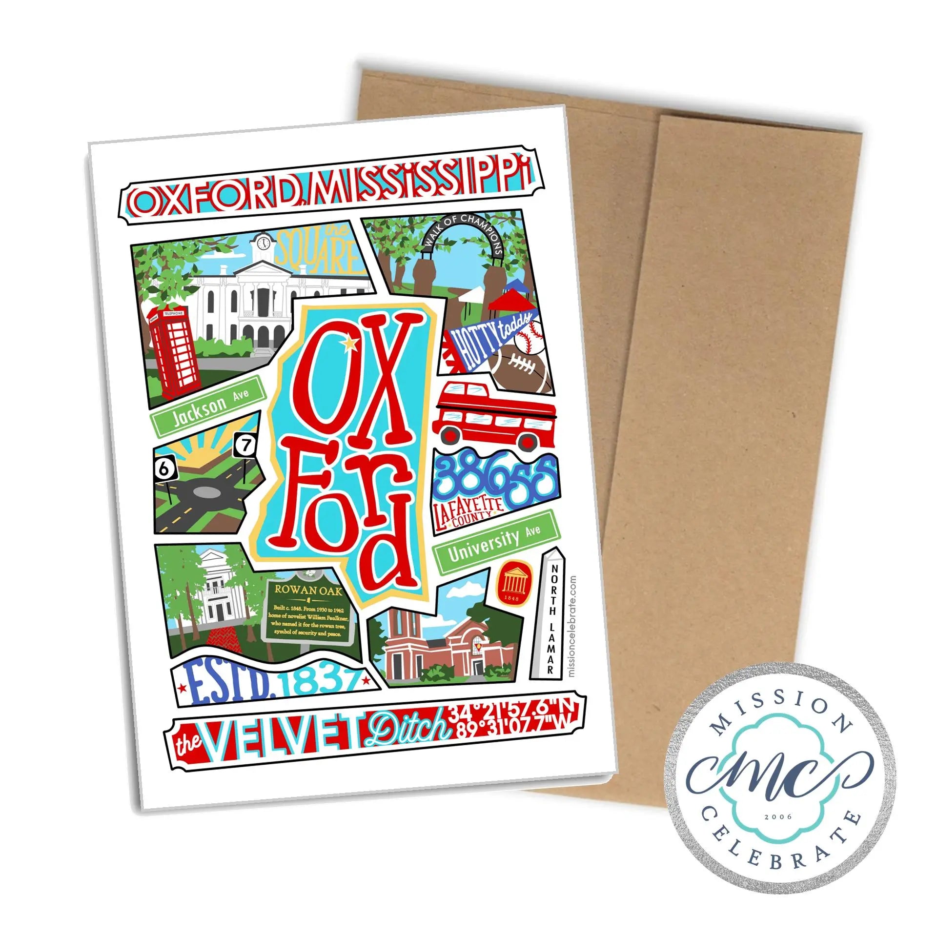 Oxford Mississippi Collage Art Greeting Card by Leslie Gonce at Main Street Collective - Landmarks Illustration