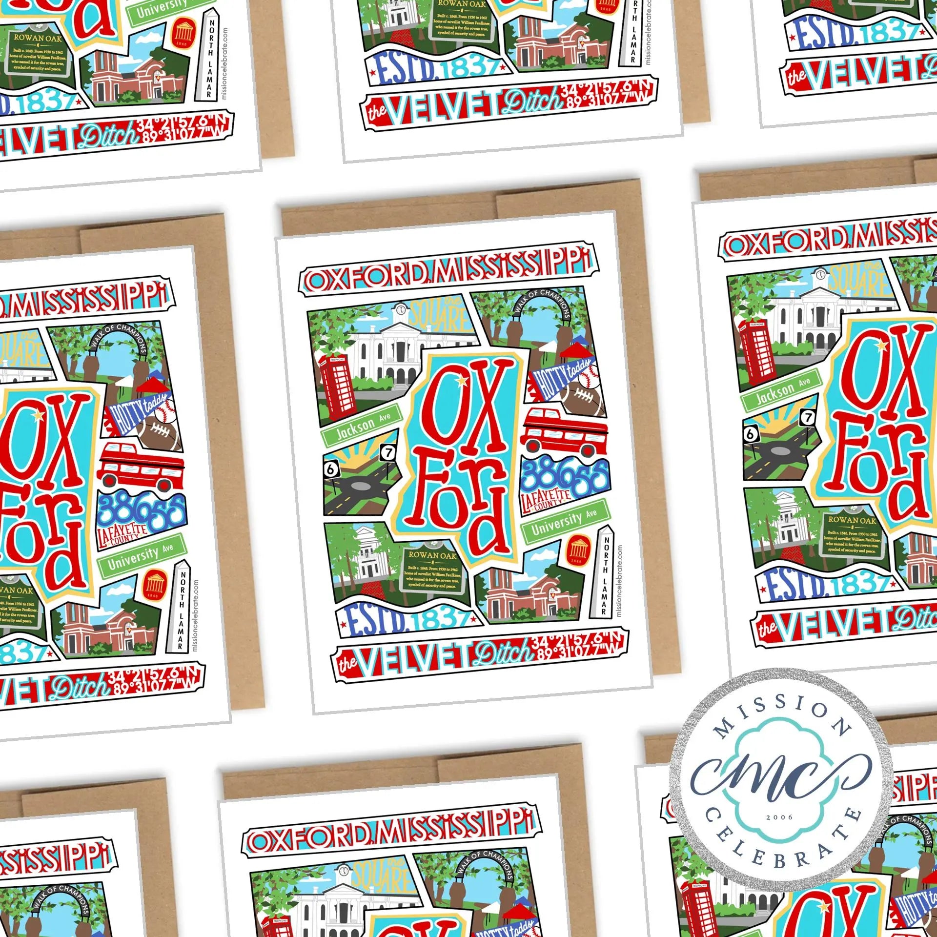 Oxford Mississippi Greeting Card by Leslie Gonce - Collage Art Featuring Iconic Landmarks & The Velvet Ditch