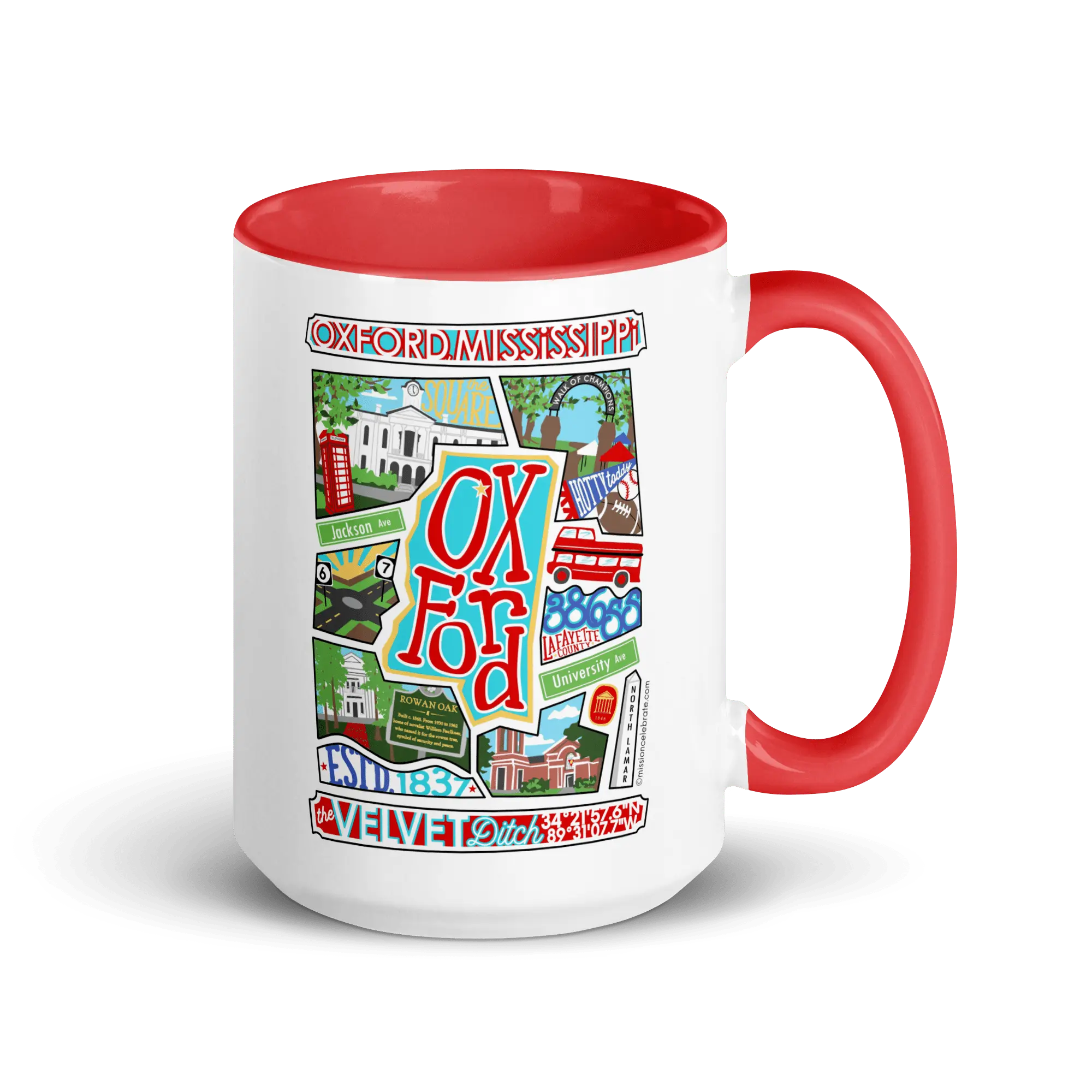 Oxford, Mississippi souvenir mug with cityscape art by Leslie Ponce - show your city pride!