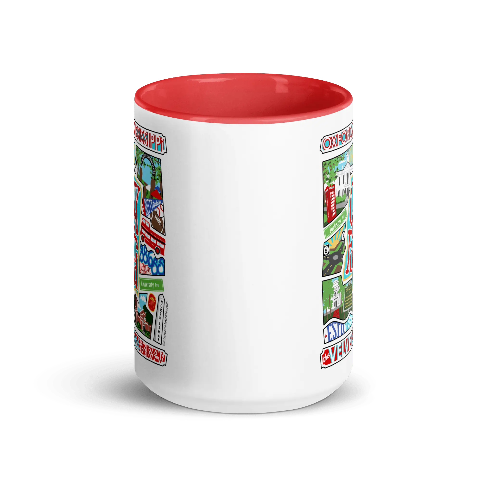 Oxford Mississippi Collage Mug by Leslie Ponce. Ceramic 15oz mug features city landmarks. Red accents. Perfect Oxford souvenir.