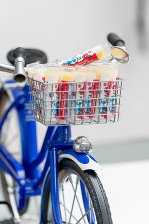 Essential Journeys Pedaling Peppermint SPF 15 lip balm in a bicycle basket.