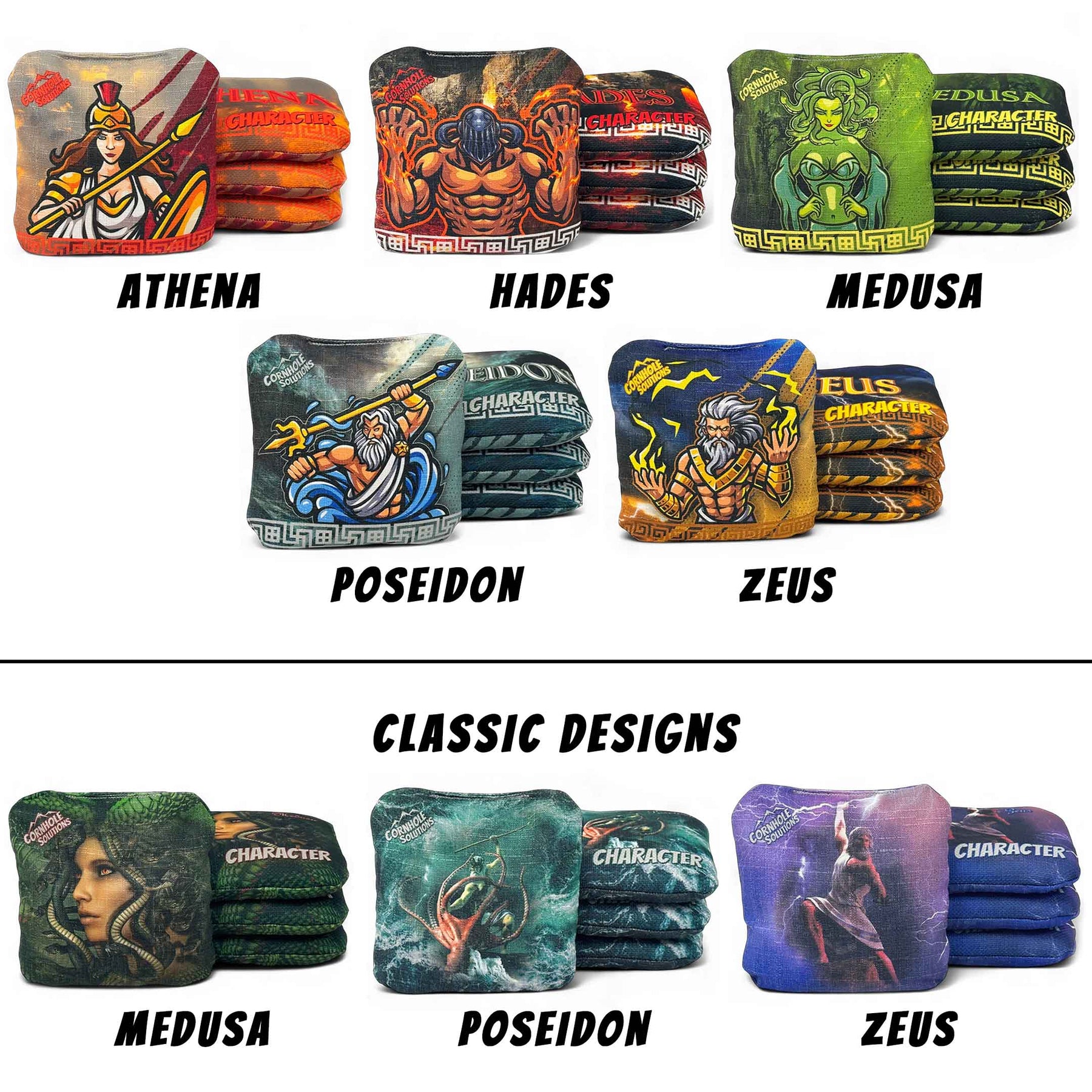 PRO Character Series Cornhole Bags - Regulation 6"x6" Set of 4 - Greek Gods by Cornhole Solutions, custom cornhole board main product photo