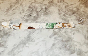 Woodland animal fabric pacifier clip by East Mississippi Creations handmade baby accessory.