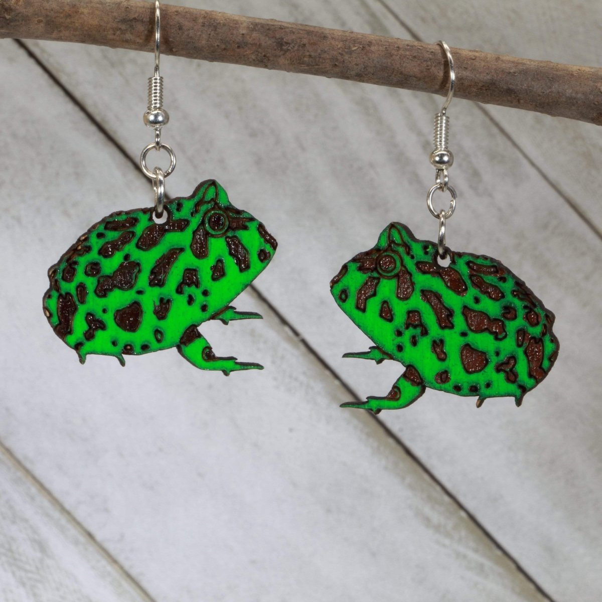 Pacman Frog Wooden Earrings | Exotic Pet Amphibian Jewelry by Cate's Concepts, LLC, handmade jewelry main product photo